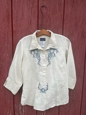 Patagonia Cream Kids Button Down Shirt with Blue Embroidery